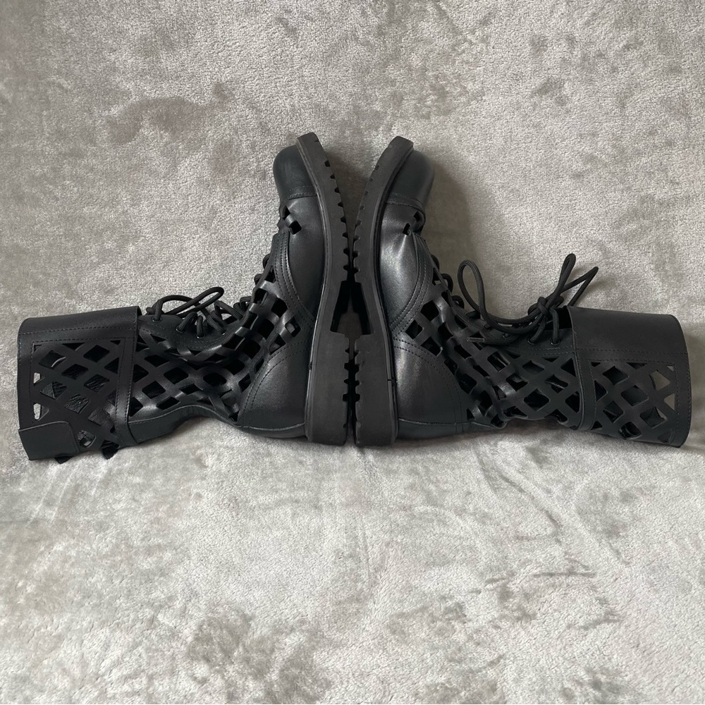 Black Laser Cut Caged Combat Boots EU 42 US 10 Faux Leather Lace Up Buckle - Picture 8 of 12